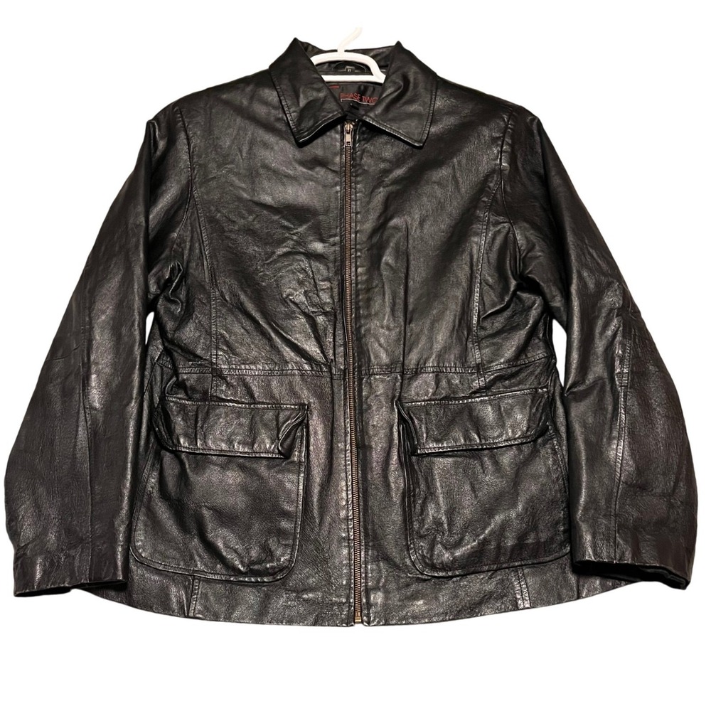 Vintage Mens Black Leather Biker Jacket XL Zip Front Pockets Lined